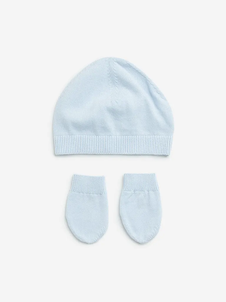 HOP Baby Blue Cotton Cap with Mittens Set