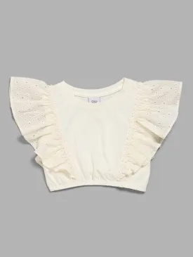 HOP Kids White Schiffli Sleeves Crop Top