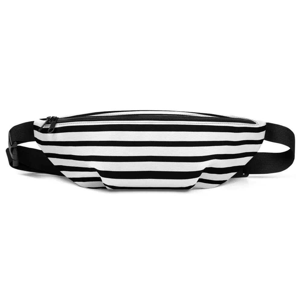 Horizontal Striped Fanny Pack, Black White Striped Print Designer Festival Fanny Pack Belt Bag- Made in USA