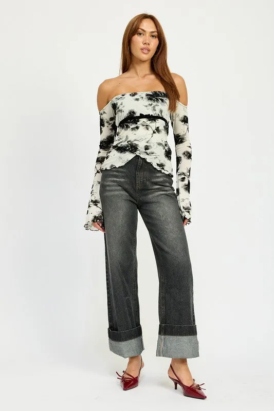 Hot Girl  Black Dahlia Floral Off Shoulder Long Sleeve Top