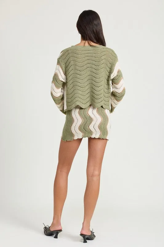 Hot Girl Calabasas Crochet Bell Sleeve Striped Cardigan In Sage