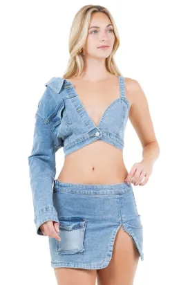 Hot Girl Denim Dreams Two Piece Top And Mini Skirt Set