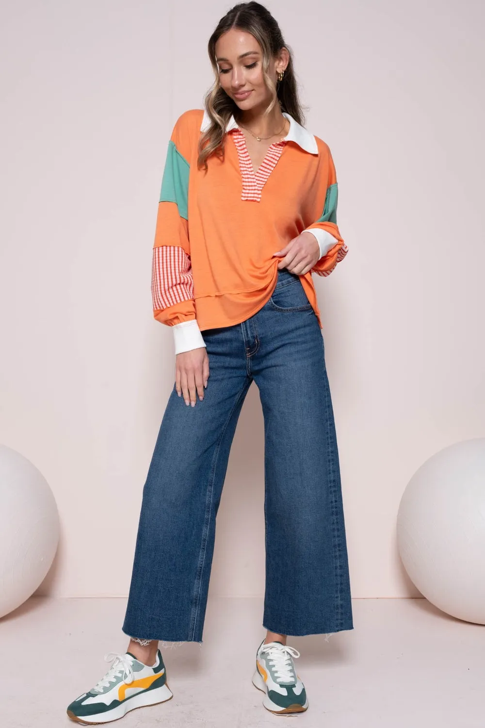 Hot Girl Hailey & Co Color Block with Striped Panel In Orange Long Sleeve Top