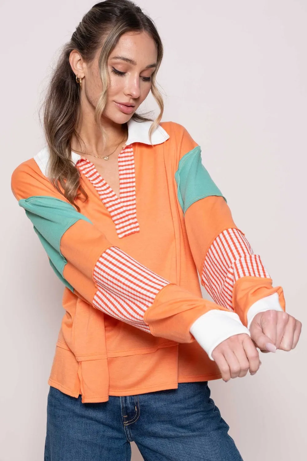 Hot Girl Hailey & Co Color Block with Striped Panel In Orange Long Sleeve Top