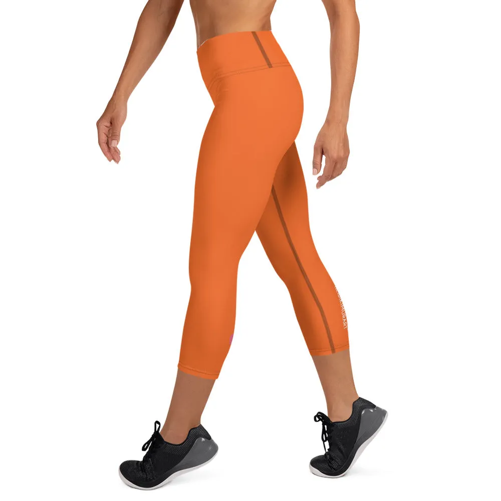 Hot Orange Yoga Capri Leggings, Solid Orange Color Women's Capris Tights-Made in USA/EU/MX