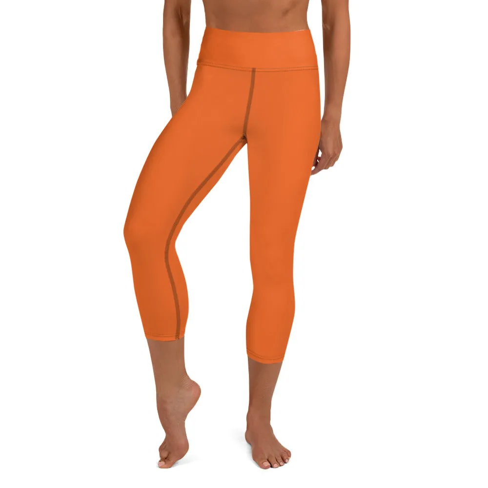 Hot Orange Yoga Capri Leggings, Solid Orange Color Women's Capris Tights-Made in USA/EU/MX