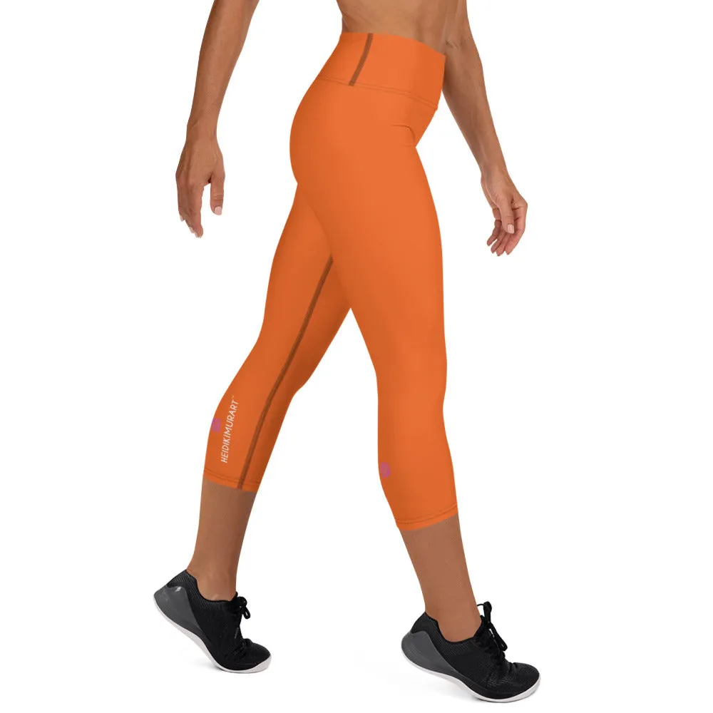 Hot Orange Yoga Capri Leggings, Solid Orange Color Women's Capris Tights-Made in USA/EU/MX