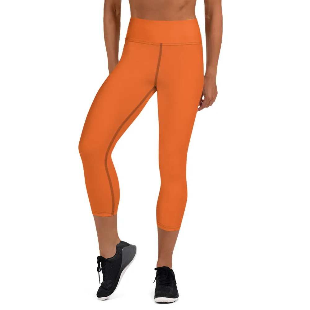 Hot Orange Yoga Capri Leggings, Solid Orange Color Women's Capris Tights-Made in USA/EU/MX