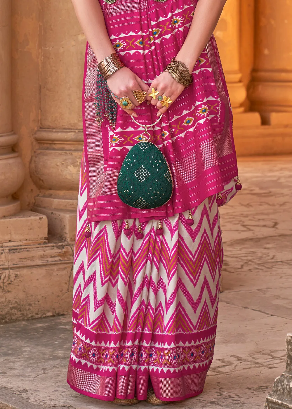 Hot Pink Designer Printed Silk Saree