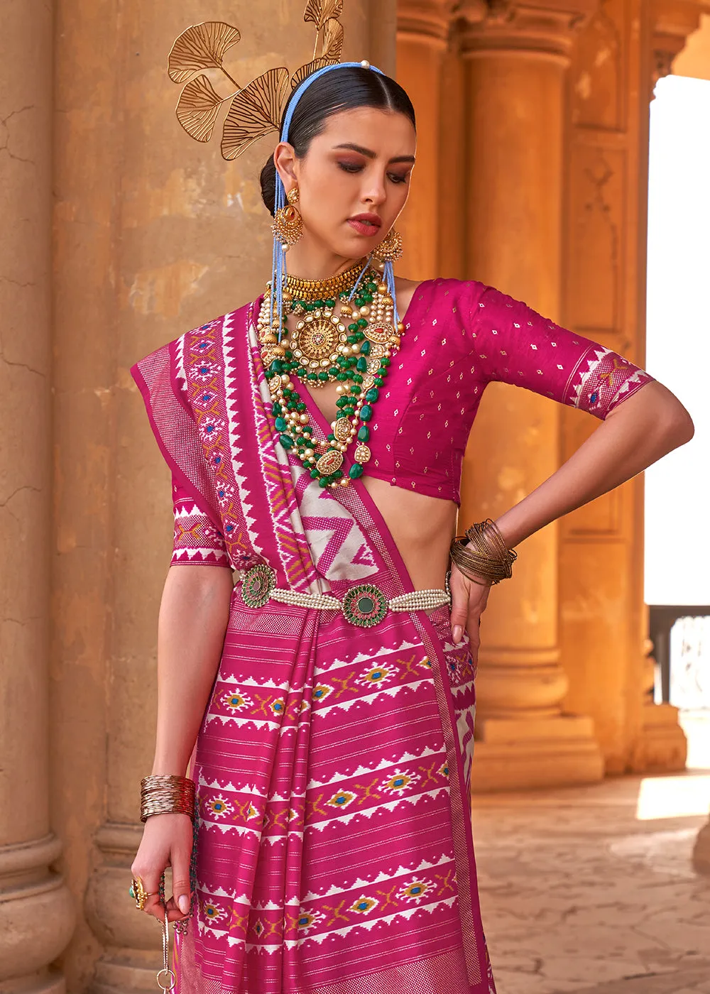 Hot Pink Designer Printed Silk Saree