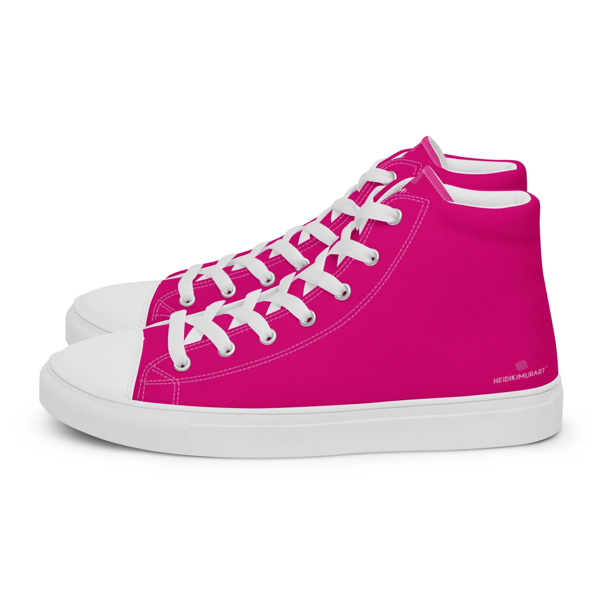 Hot Pink Men's High Tops, Solid Hot Pink Color Men’s High Top Sneakers Canvas Tennis Shoes With White Laces and Faux Leather Toe Caps (US Size: 5-13)