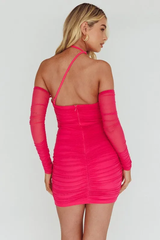 Hot Pink One Strap Mesh Mini Dress