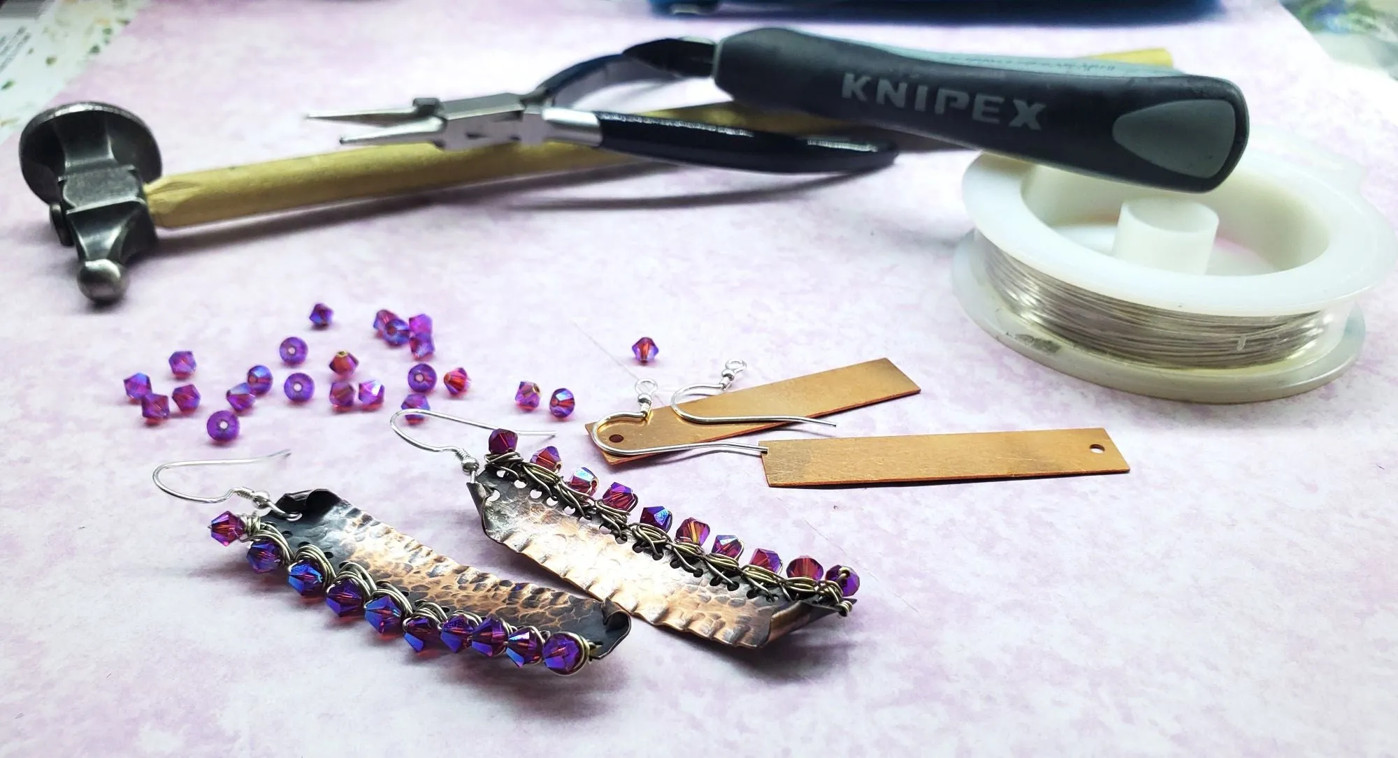 Hot Pink Wire Wrapped Super Sparkly Hammered Copper Bar Earrings.