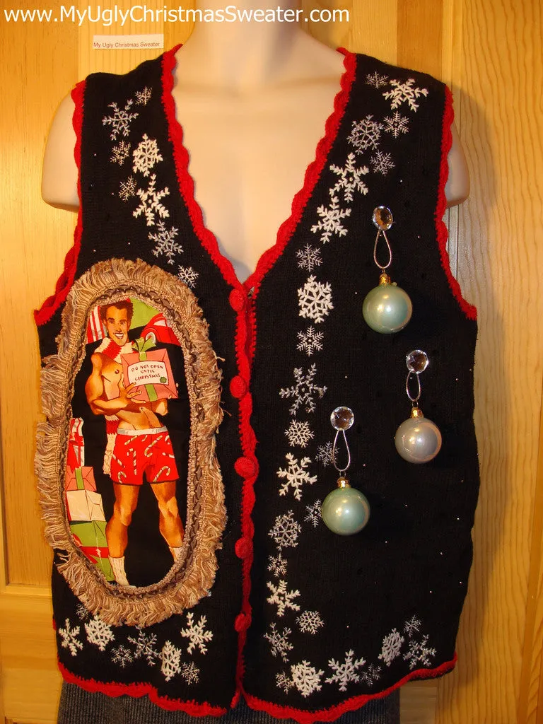 Hottie Guy Tacky Ugly Christmas Sweater Vest Dangling Fringe & 3D Ornaments (b5)