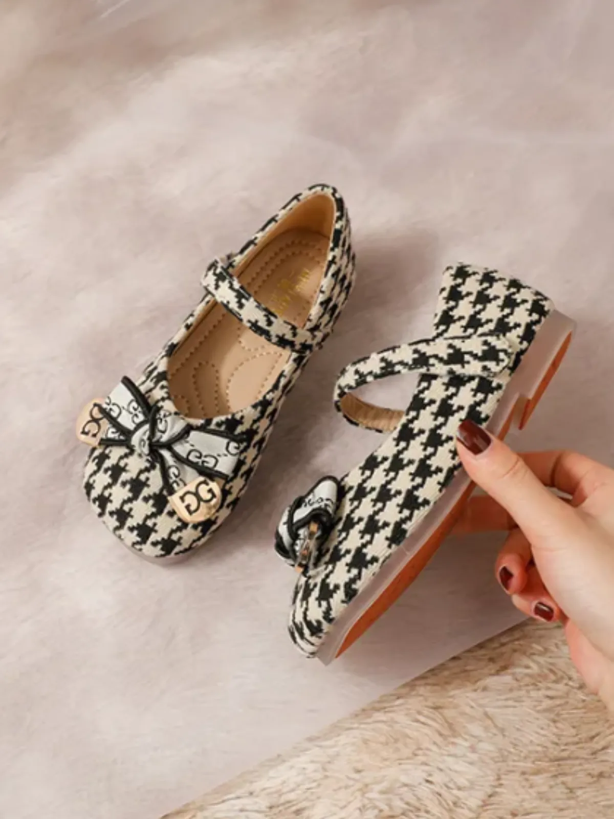 Houndstooth Bow Accent Mary Jane Shoes By Liv and Mia