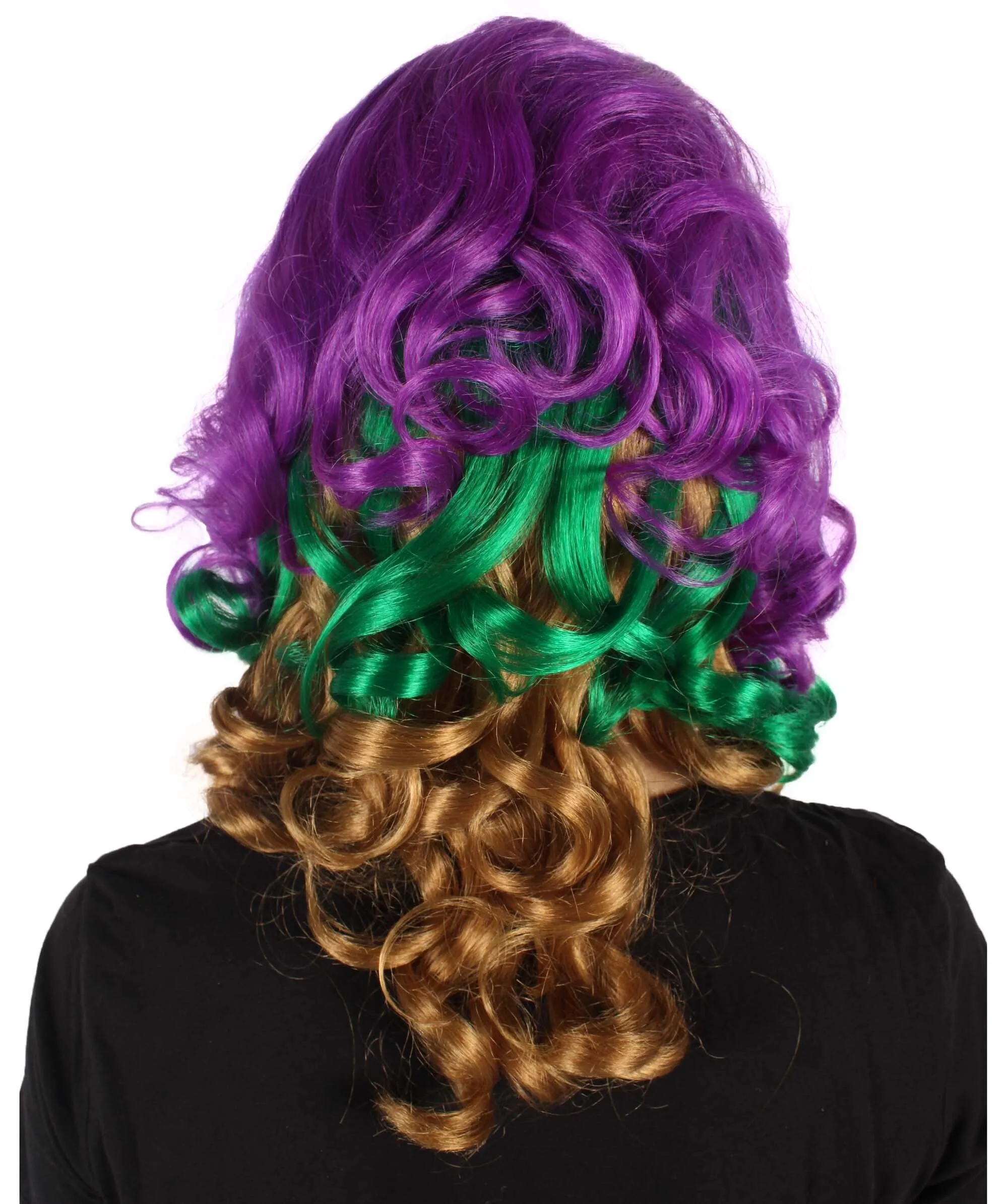 HPO Adult Women's Mardi Grass Multicolor Long Curly Beehive Wig I Perfect for Halloween I Flame-retardant Synthetic Fiber