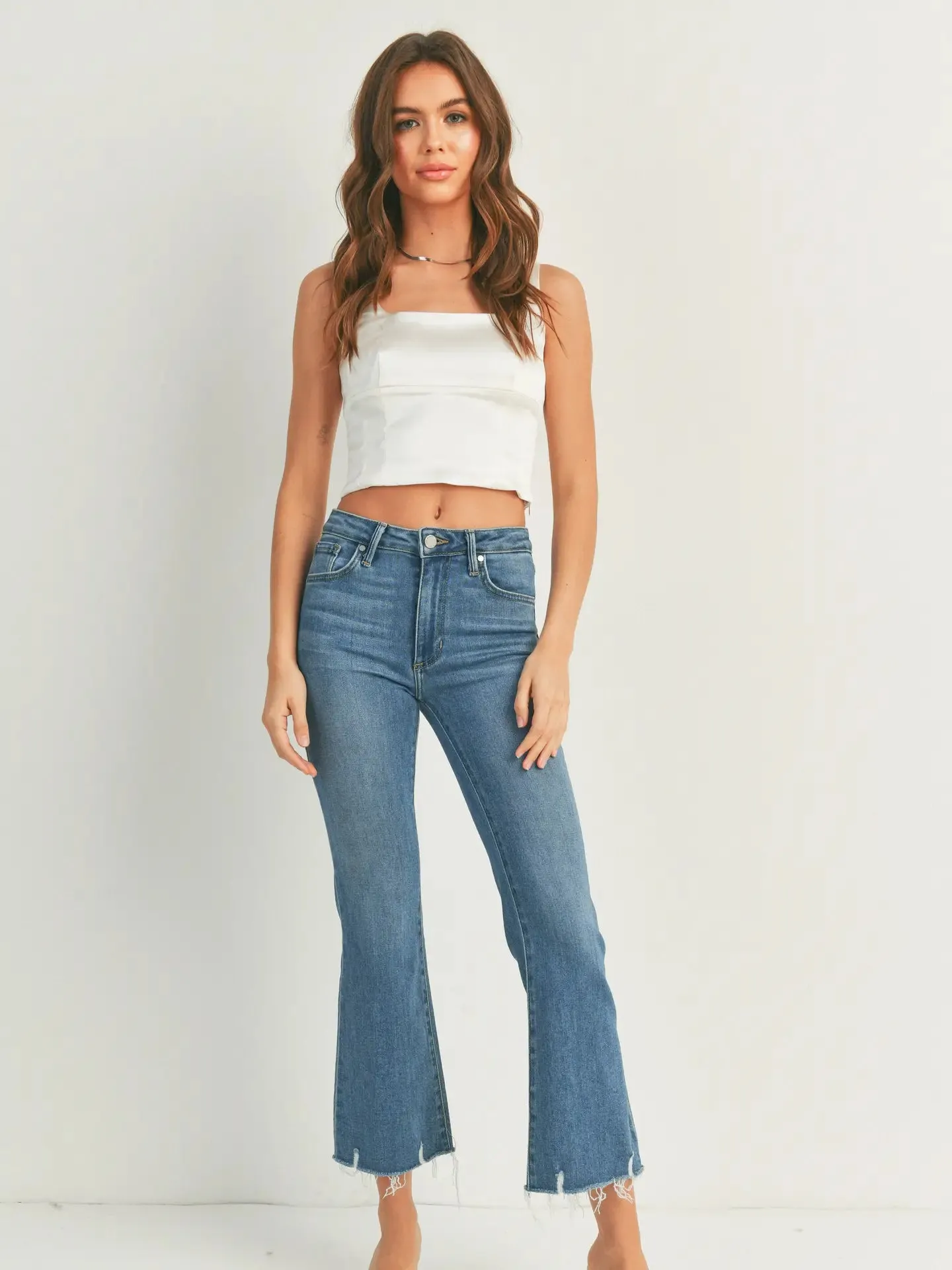 HR Distressed Hem Cropped Flare Jeans