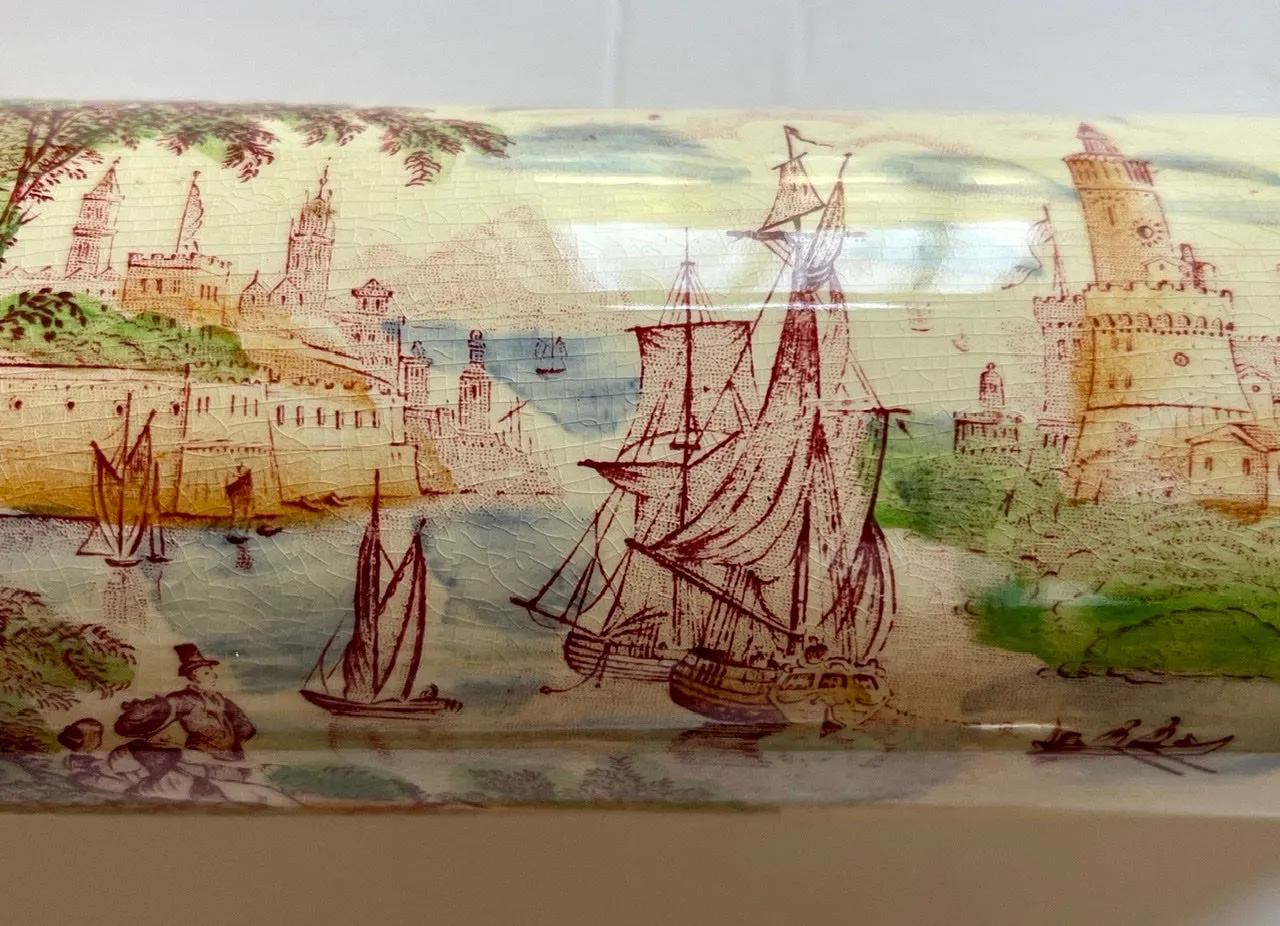 HTF Polychrome Red English Transferware Rolling Pin Nautical Ship Scene Wood Handles - Kitchen Decor