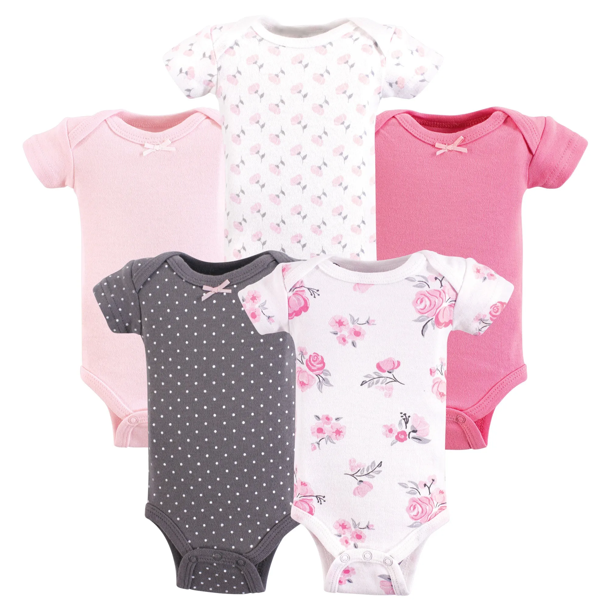 Hudson Baby Cotton Preemie Bodysuits, Basic Pink Floral Short-Sleeve