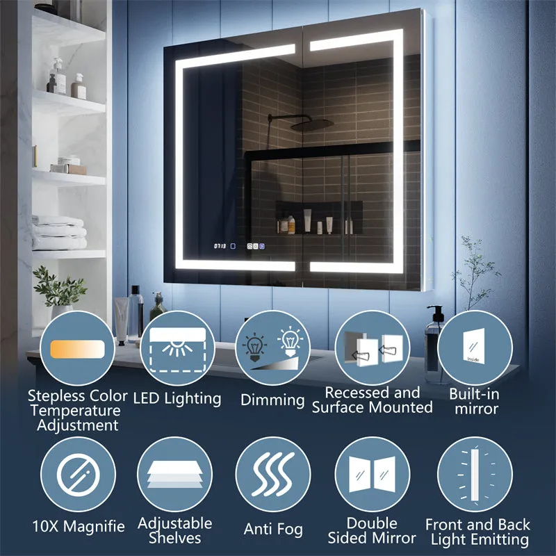 Illusion-B 42" x 36" LED Lighted Inset Mirrored Medicine Cabinet with Magnifiers Front and Back Light