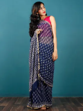 Indigo Ivory Hand Block Printed Chiffon Saree with Zari Border - S031702782