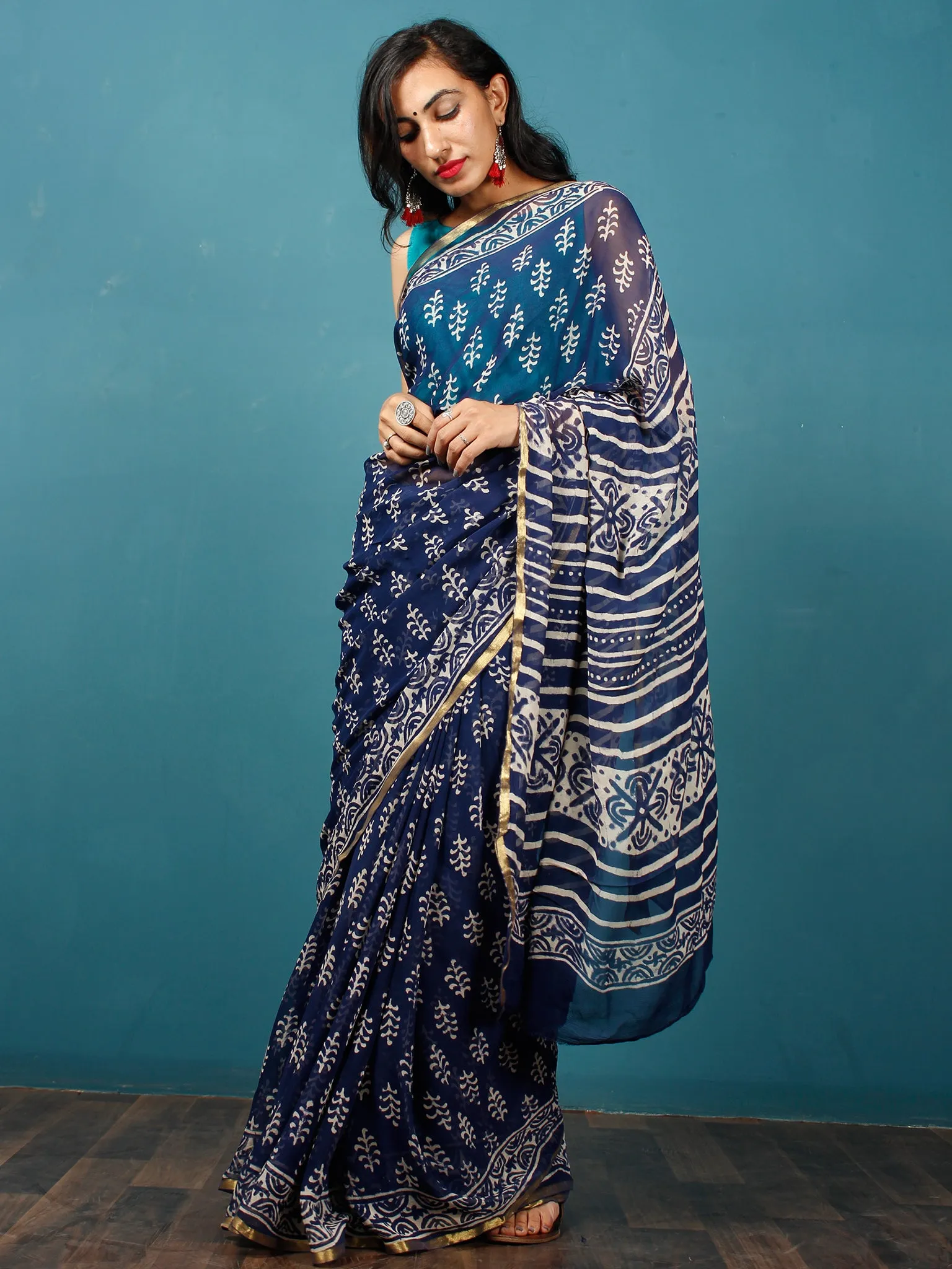 Indigo Ivory Hand Block Printed Chiffon Saree with Zari Border - S031702820