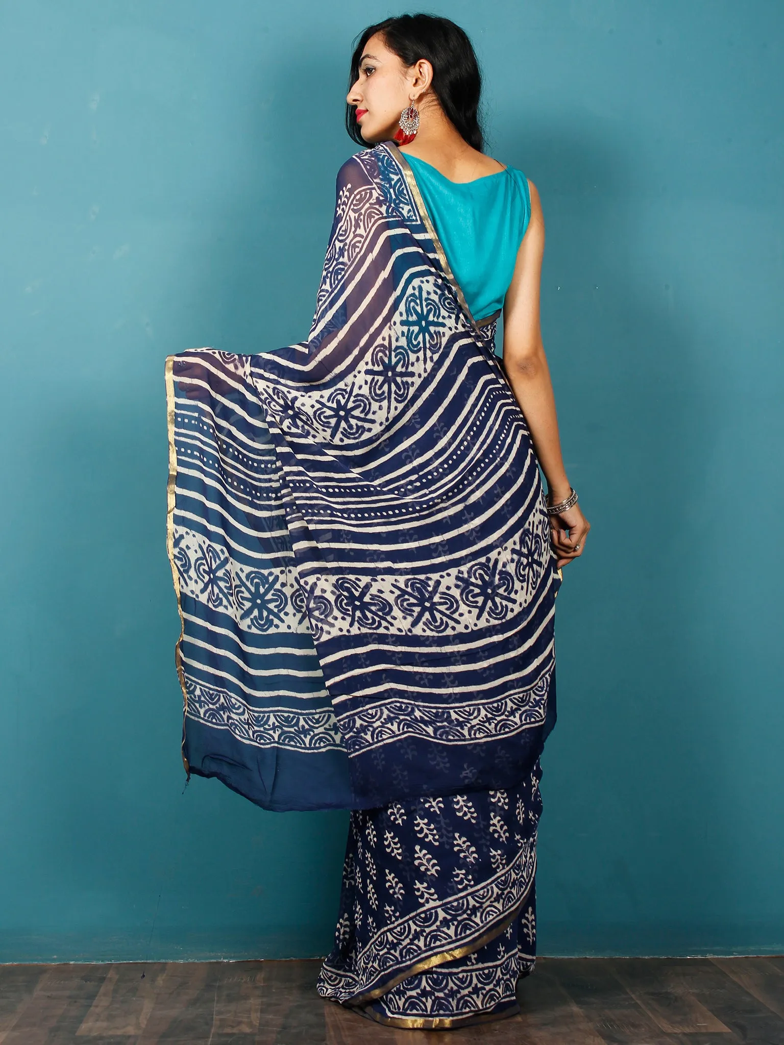 Indigo Ivory Hand Block Printed Chiffon Saree with Zari Border - S031702820