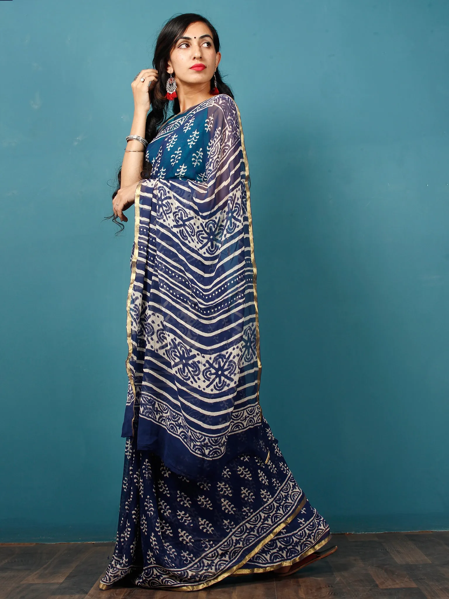 Indigo Ivory Hand Block Printed Chiffon Saree with Zari Border - S031702820