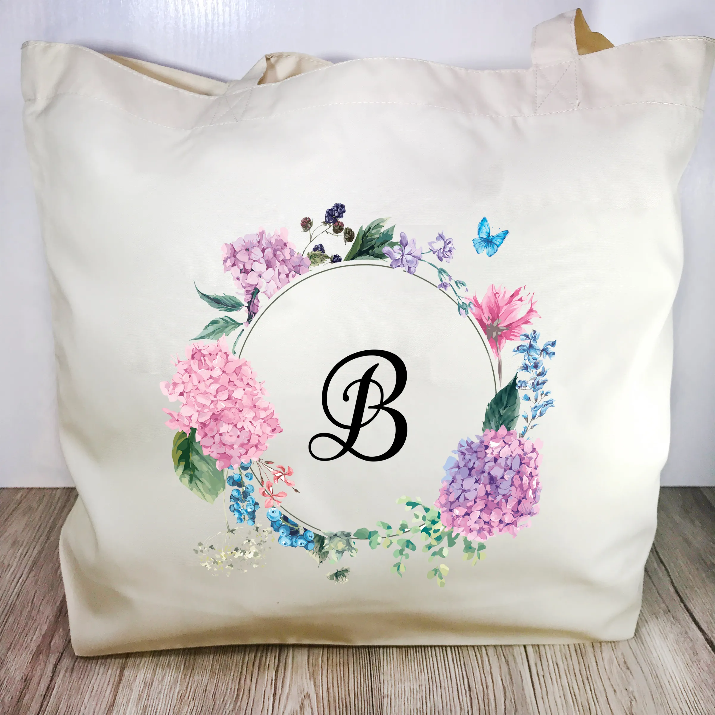 Initial Floral Wreath Tote Bag