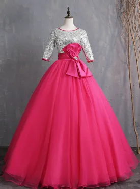 Instead, Opt For a Stylish Fuchsia Ball Gown Tulle Silver Sequins Short Sleeve Quinceanera Dress