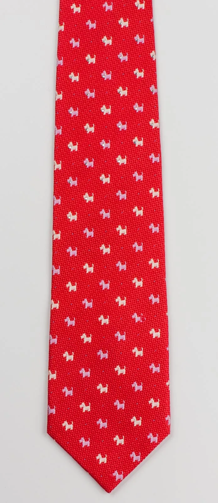 Intercrew Men's Woven Silk Neck Tie Mauve & White Scottie Dogs On Red With Rhinestones