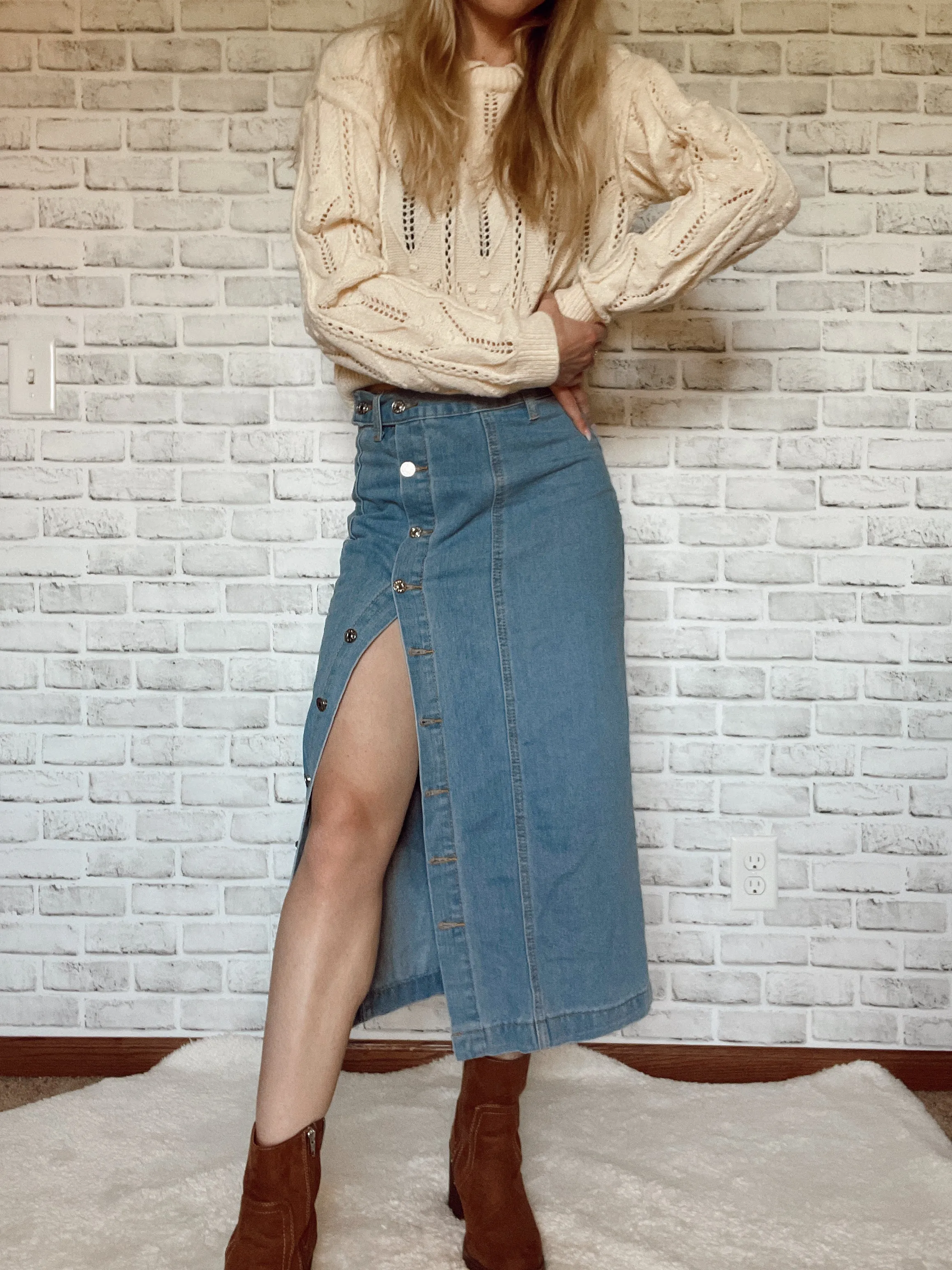 Irregular Buttoned Denim High-Rise Maxi Skirt