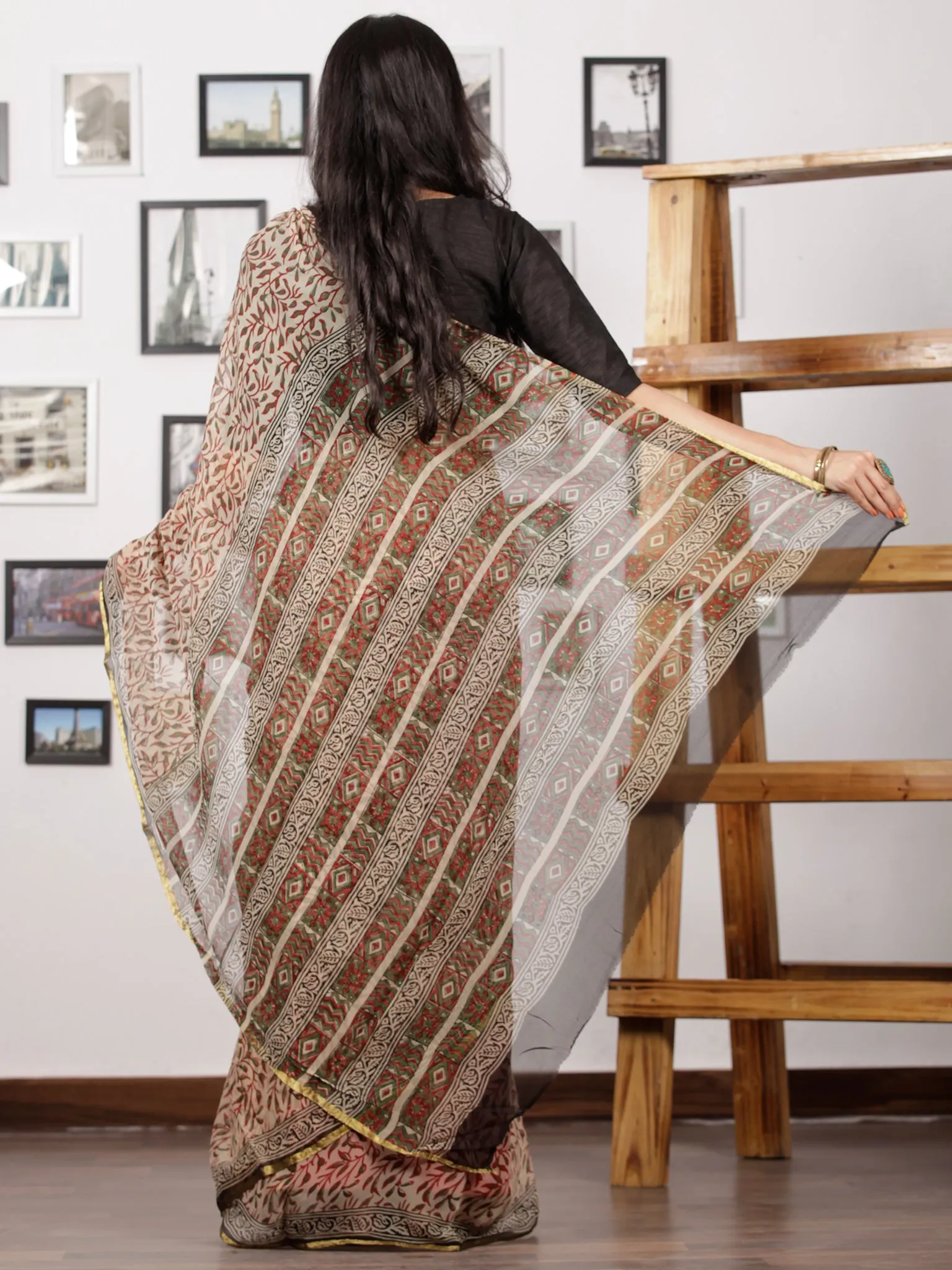 Ivory Black Red Green Hand Block Printed Chiffon Saree with Zari Border - S031702989