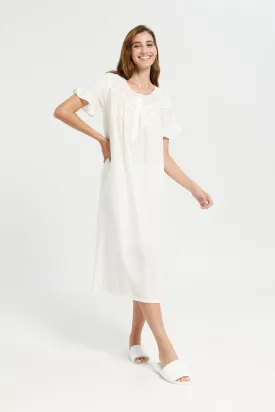 Ivory Embroidery Frill Sleeves Nightgown