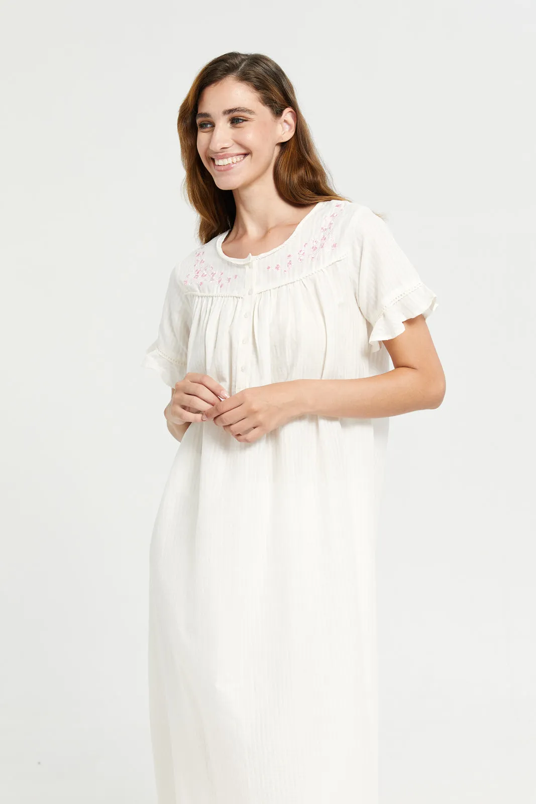 Ivory Embroidery Frill Sleeves Nightgown