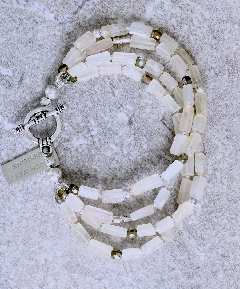 Ivory Glass Rectangles 4-Strand Bracelet with Golden Bronze Fire Polished Glass, and Sterling Silver Beads & Toggle Clasp