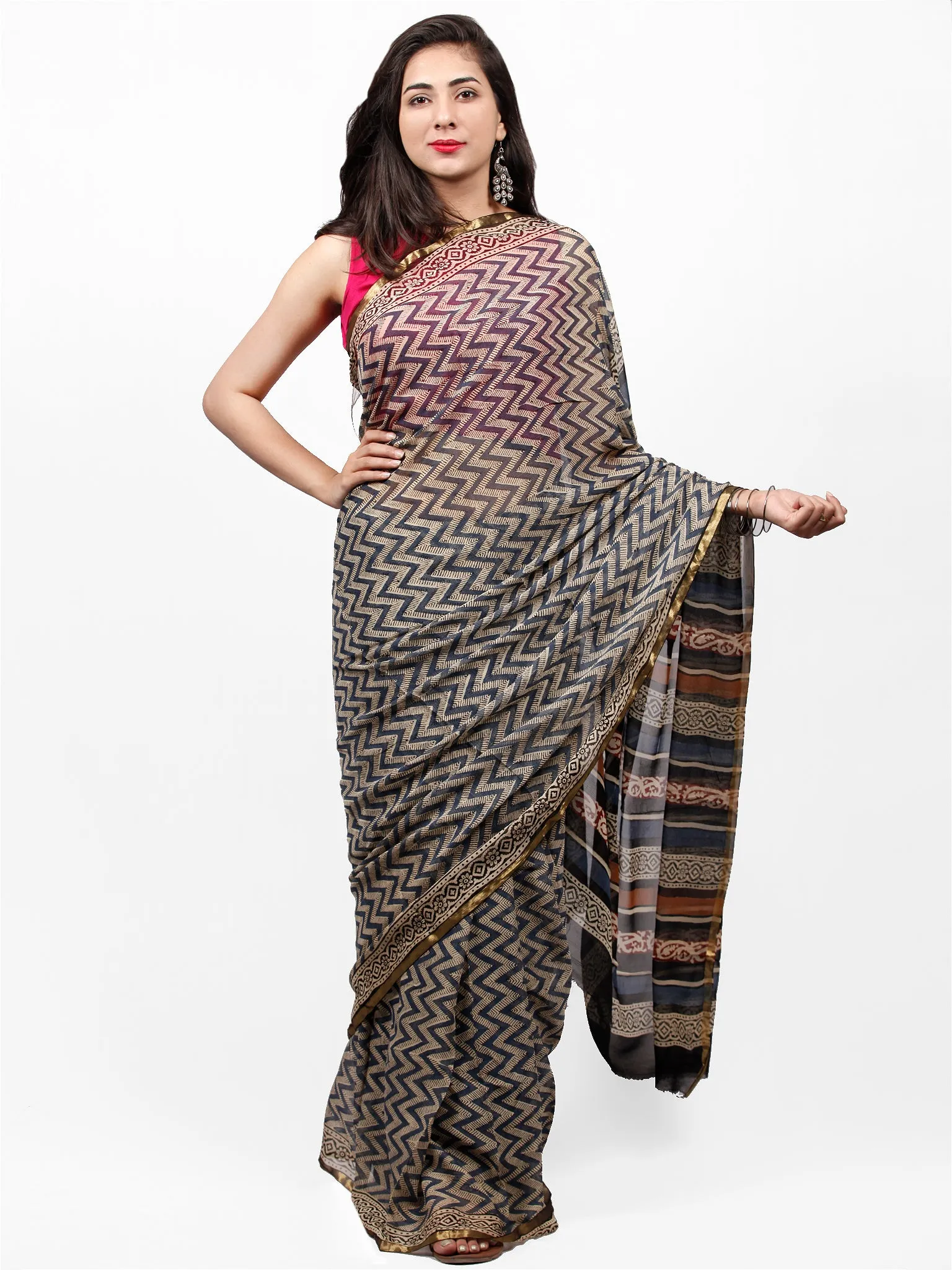 Ivory Indigo Black Hand Block Printed Chiffon Saree with Zari Border - S031703267