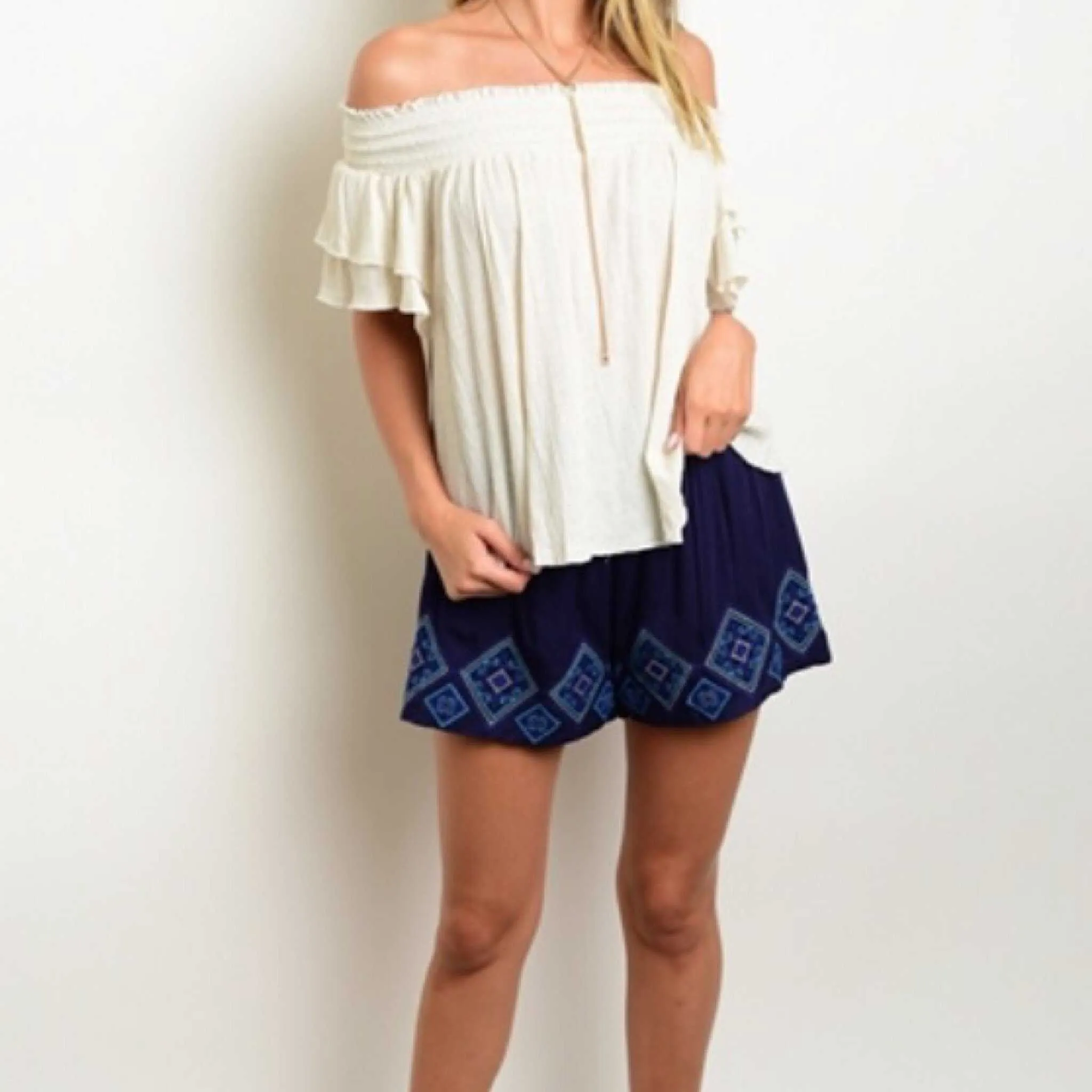 Ivory / Navy Embroidered Palazzo Aztec Shorts