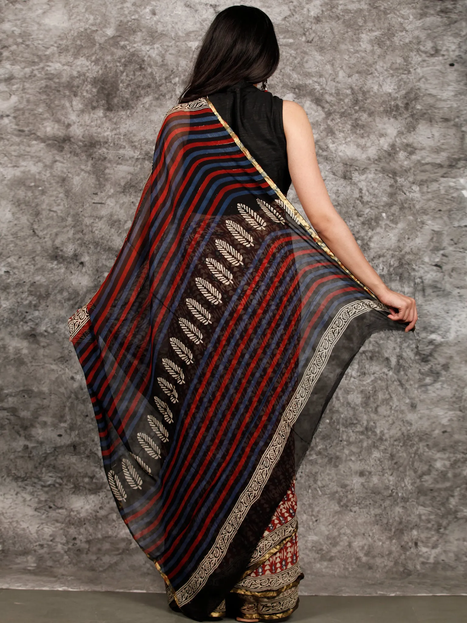 Ivory Red Black Blue Hand Block Printed Chiffon Saree with Zari Border - S031703214