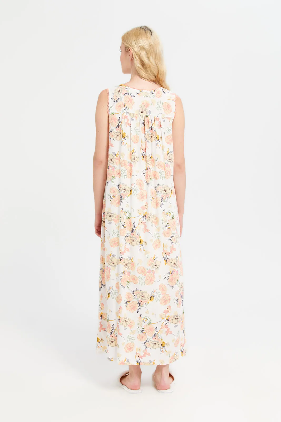 Ivory Sleeveless Printed Nightgown