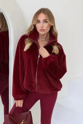 Ivy burgundy faux fur bomber jacket