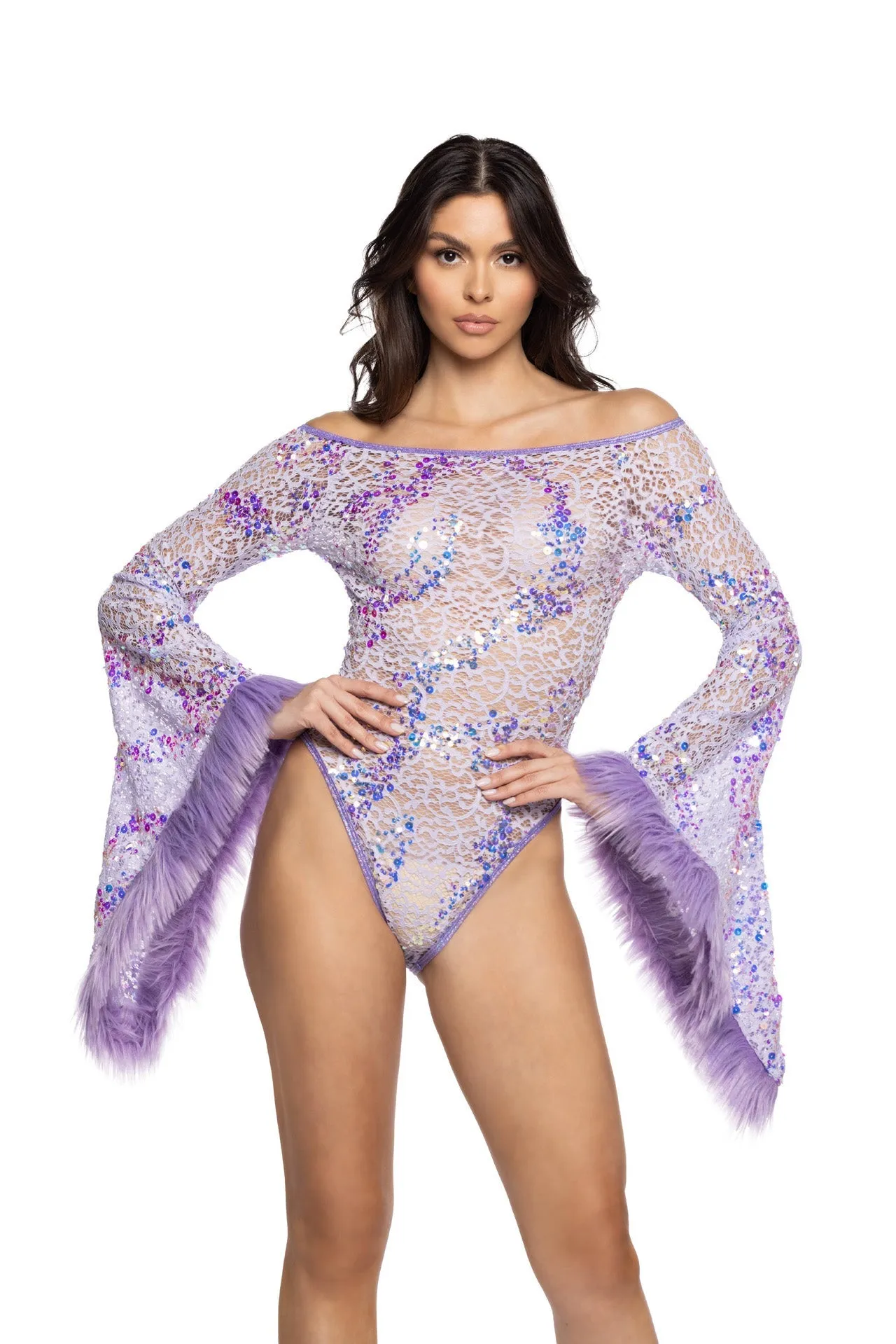 J-Valentine JR130 - Faux Fur Trimmed Flair Sleeve Bodysuit