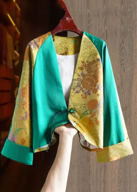 Jacquard Green V Neck Patchwork Button Silk Coats Fall ML1422