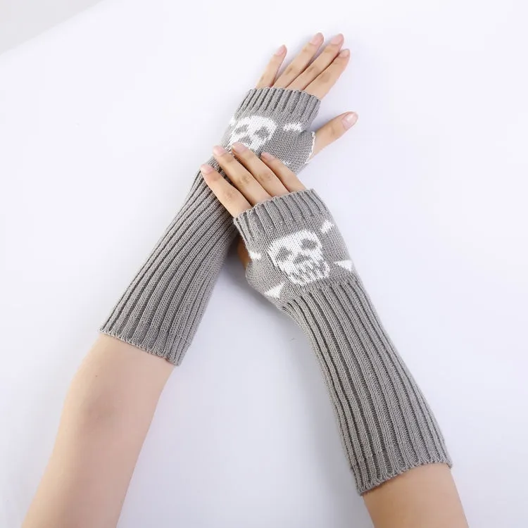 Jacquard Skull Fingerless Warm Gloves Knit Ski Gloves(Shallow Gray)