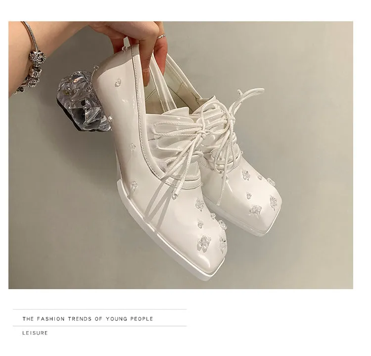 Japanned Leather crystal pumps woman british square toe small leather shoes diamond high heels shoes women lace up oxfords