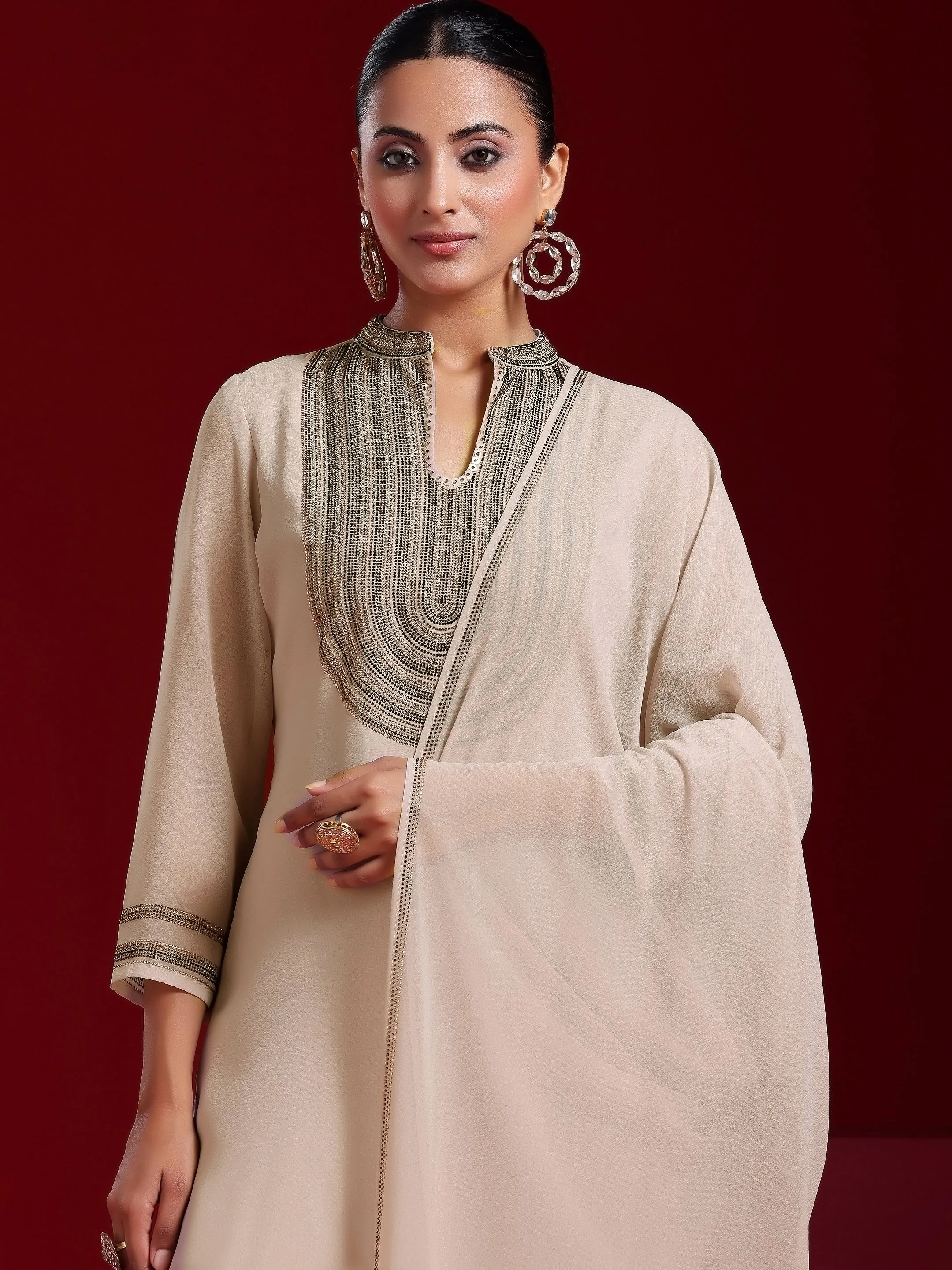 Jashvi Art Beige Yoke Design Georgette Straight Suit With Dupatta