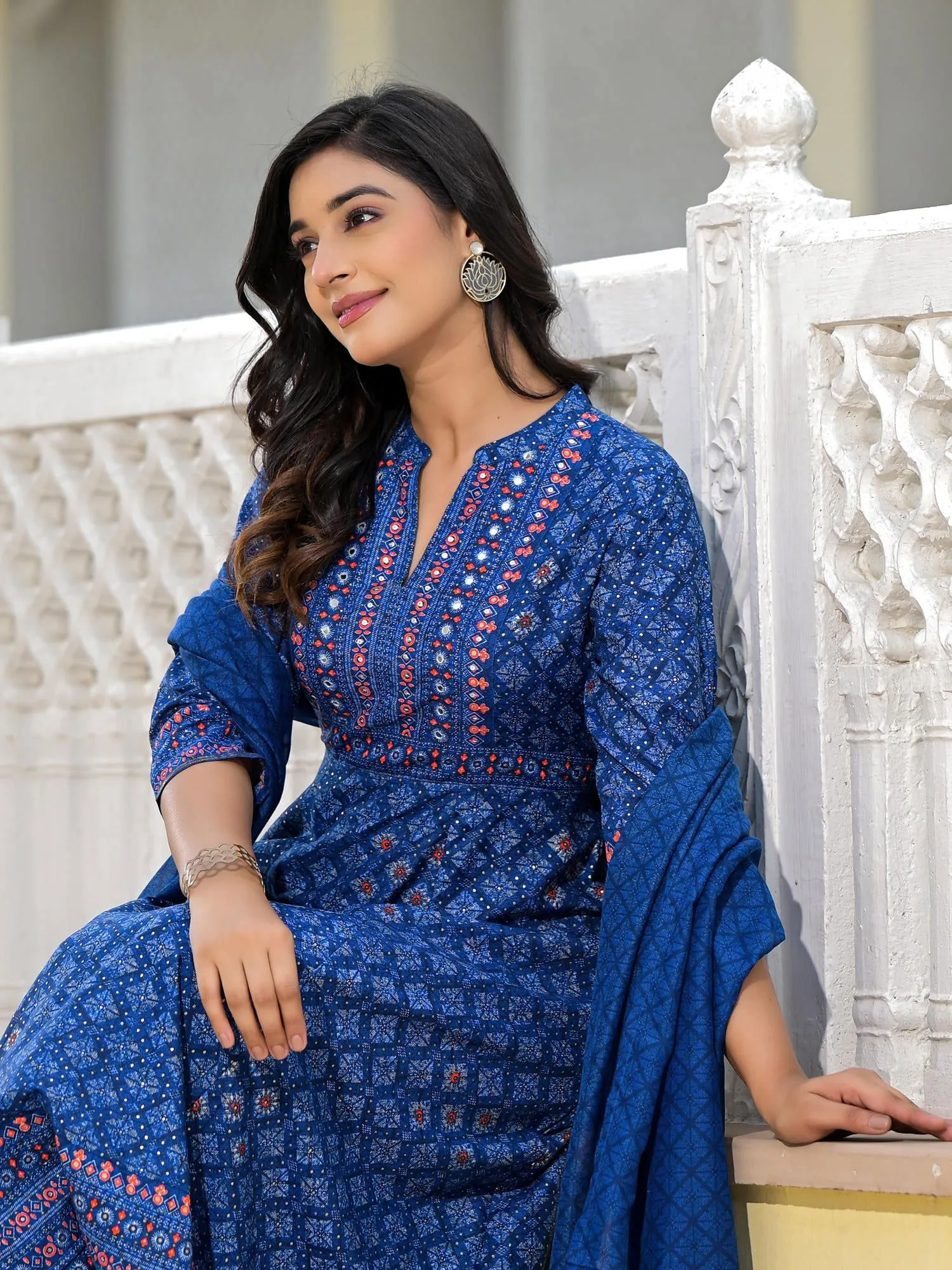 Jashvi Blue Ethnic Motif Printed Cotton Kurta, Pant And Dupatta Set With Mirror Work