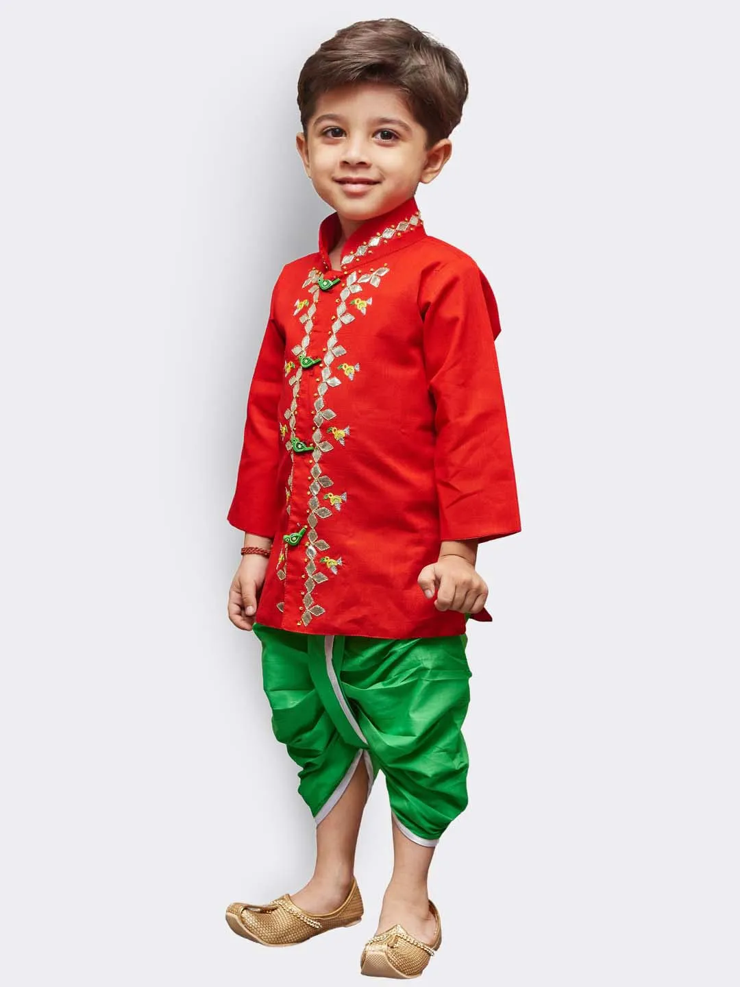 Jashvi Boys' Red Linen Kurta and Dhoti Pant Set