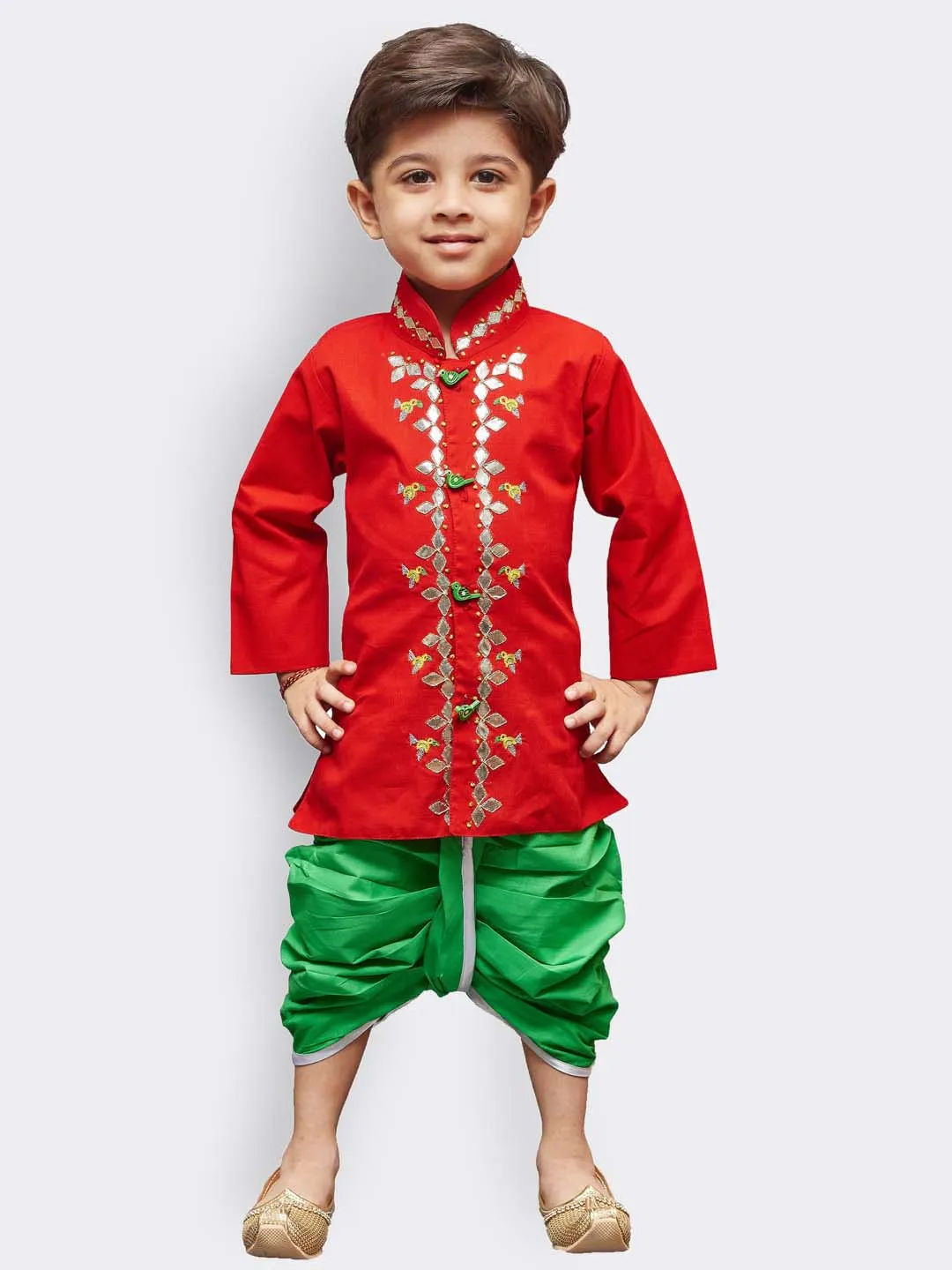 Jashvi Boys' Red Linen Kurta and Dhoti Pant Set