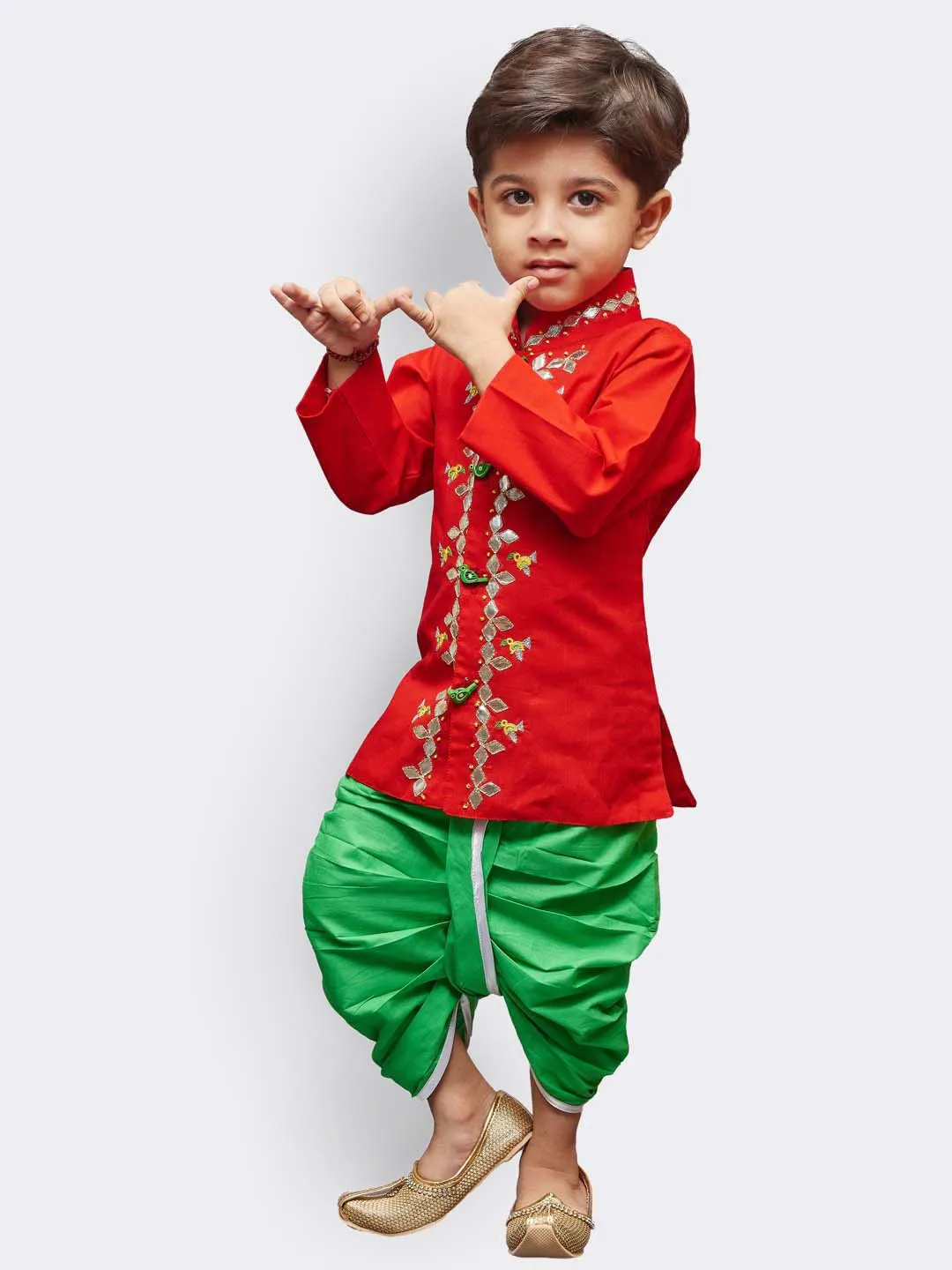 Jashvi Boys' Red Linen Kurta and Dhoti Pant Set